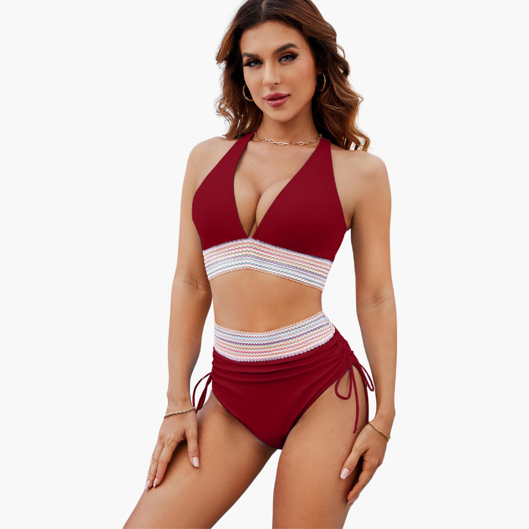 Women’s Bikini Set with V Neck Top and High Waisted Bottoms