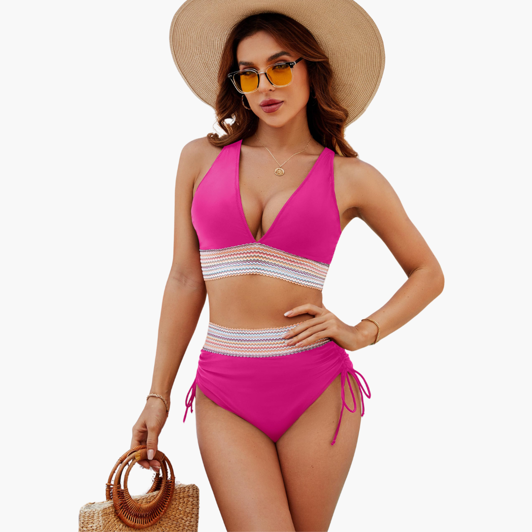 Women’s Bikini Set with V Neck Top and High Waisted Bottoms
