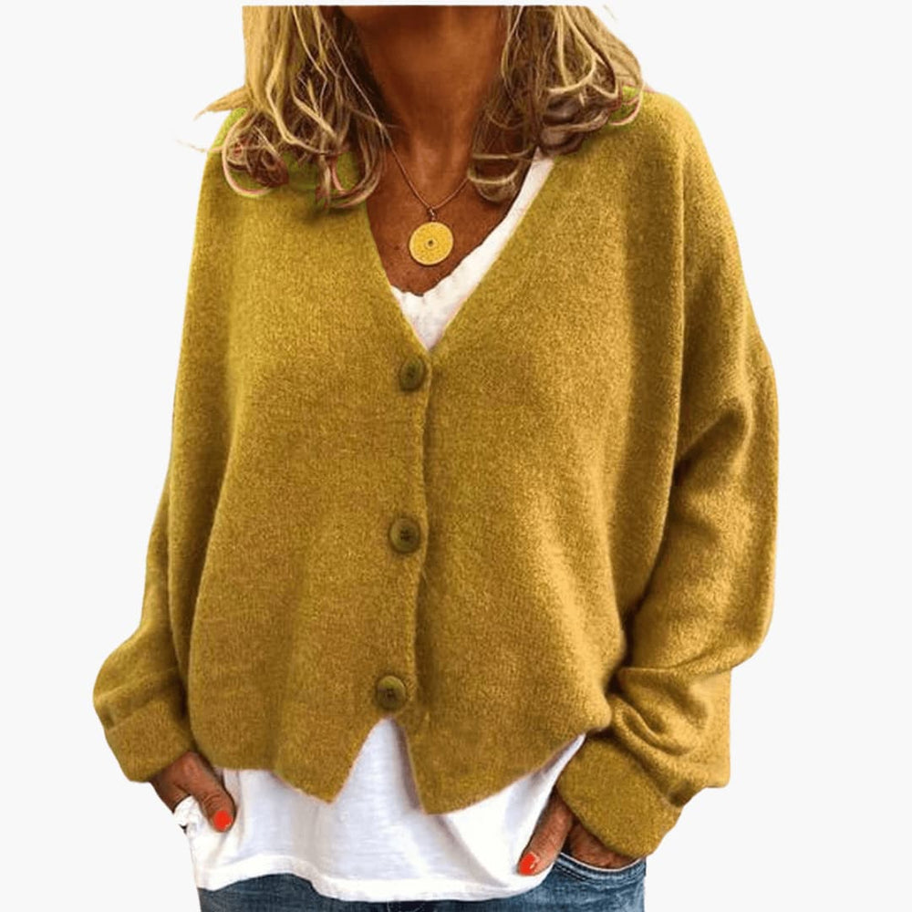 Women's Knitted Button Cardigan with V-Neckline and Long Sleeves