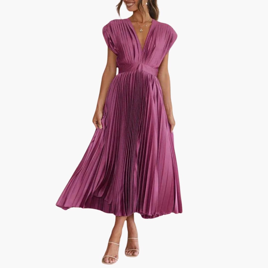 Women’s Midi Dress with V-Neck and Pleated Skirt