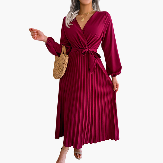 Women’s Pleated Maxi Dress with Wrap Front and Long Sleeves