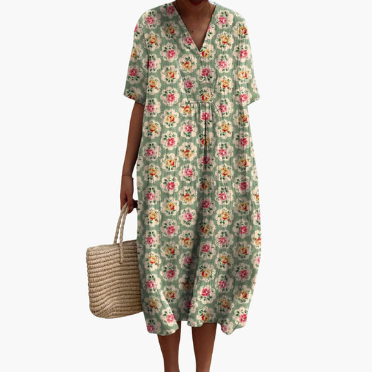 Women's Midi Dress with Floral Print and V-Neckline