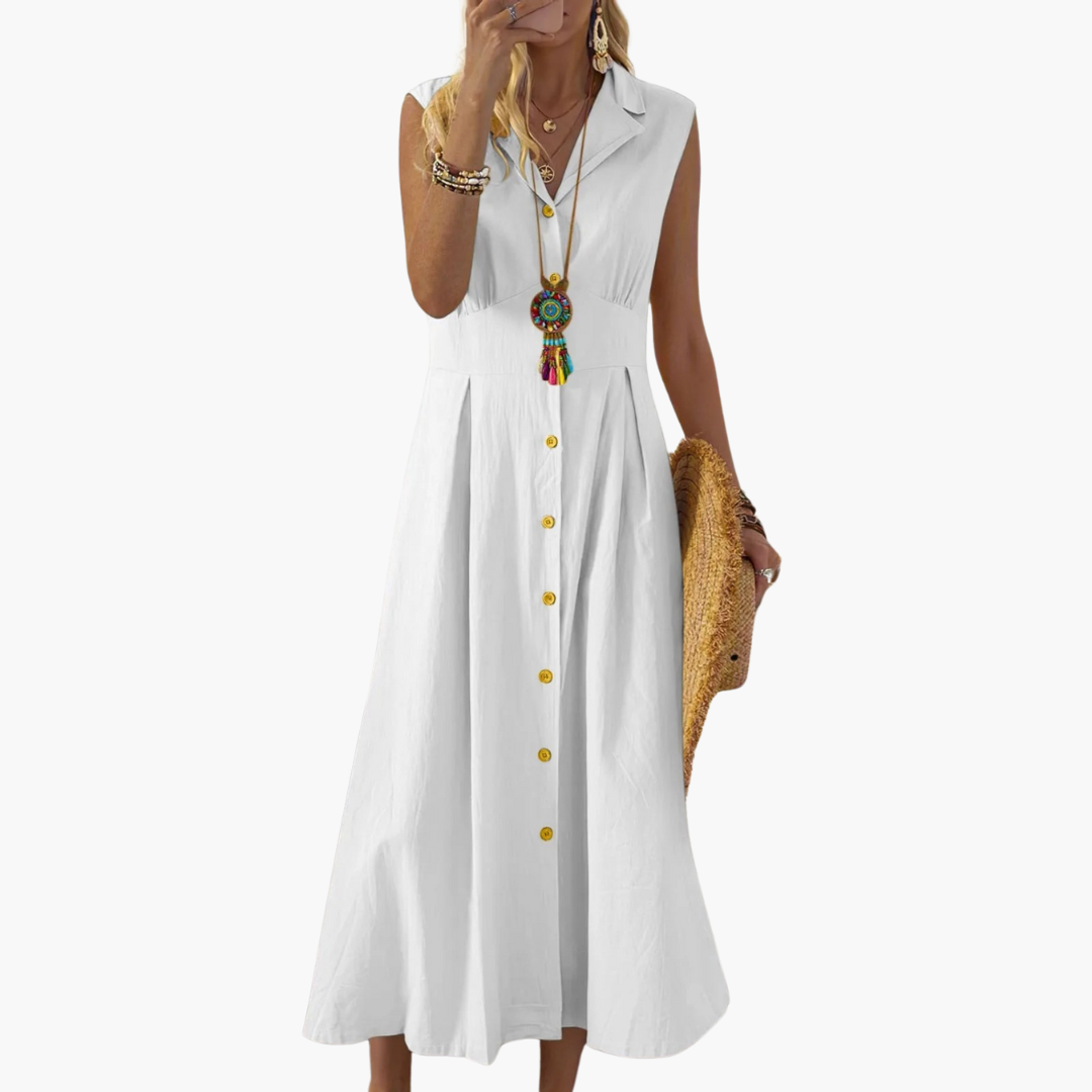 Button-Down Collared Midi Dress – Women's V-Neck Summer Style - Made by Jessica