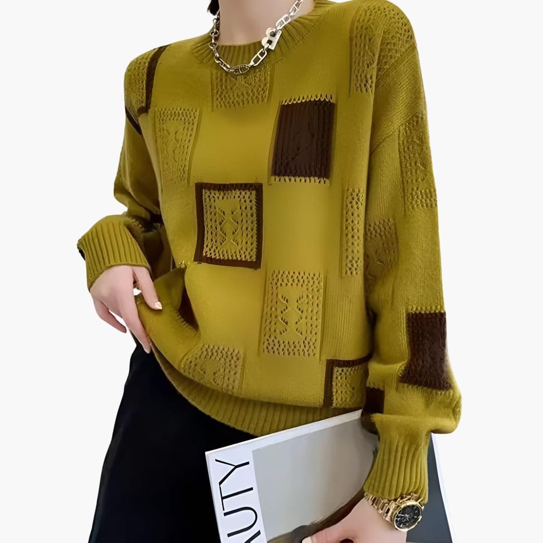 Women’s Patchwork Knit Jumper with Long Sleeves and Pullover Style