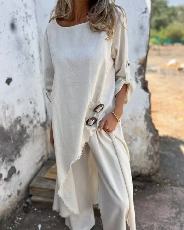 Women's Linen Blend Set with Relaxed Fit and Practical Pockets
