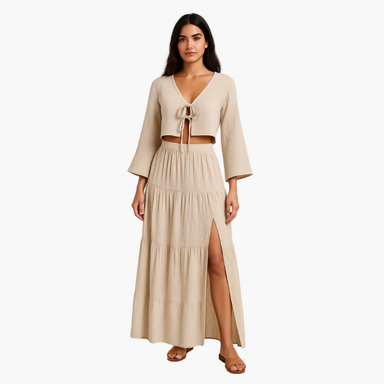 Women’s Two-Piece Set with Tie-Front Top and High-Slit Skirt