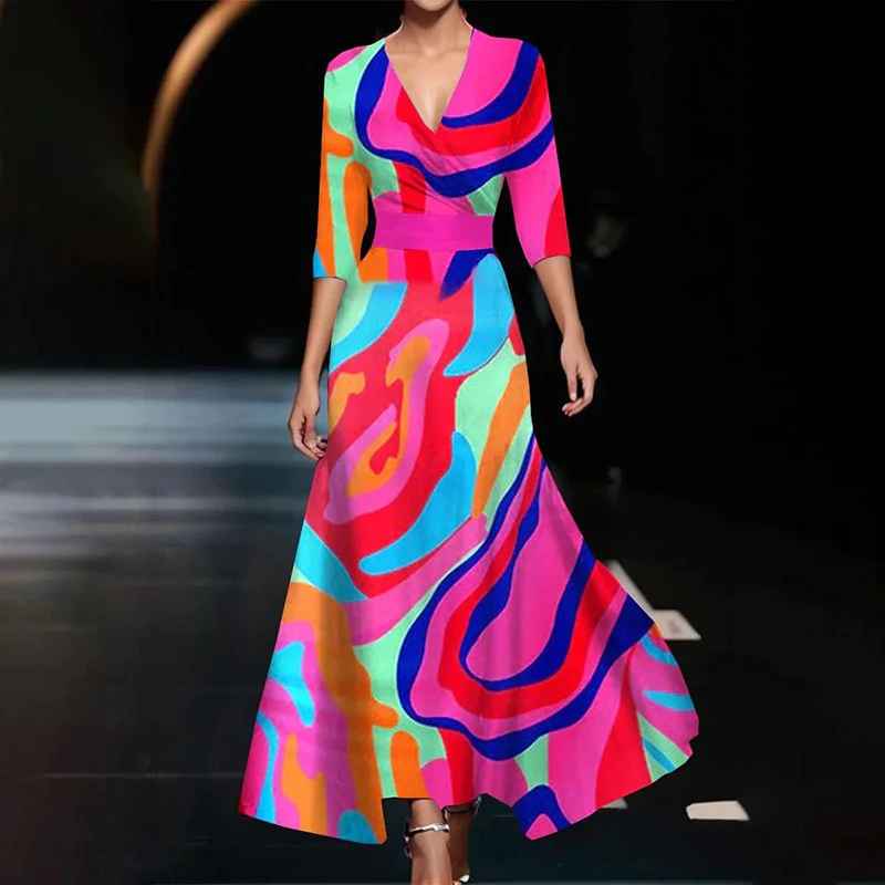 Women's Floral Maxi Dress with V-Neckline and Flowing Fit