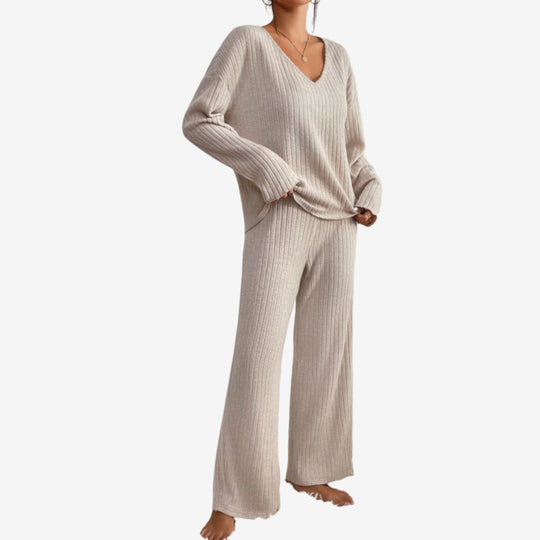 Women’s Ribbed Two-Piece Lounge Set with Long Sleeve Top and Trousers