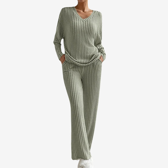 Women’s Ribbed Two-Piece Lounge Set with Long Sleeve Top and Trousers
