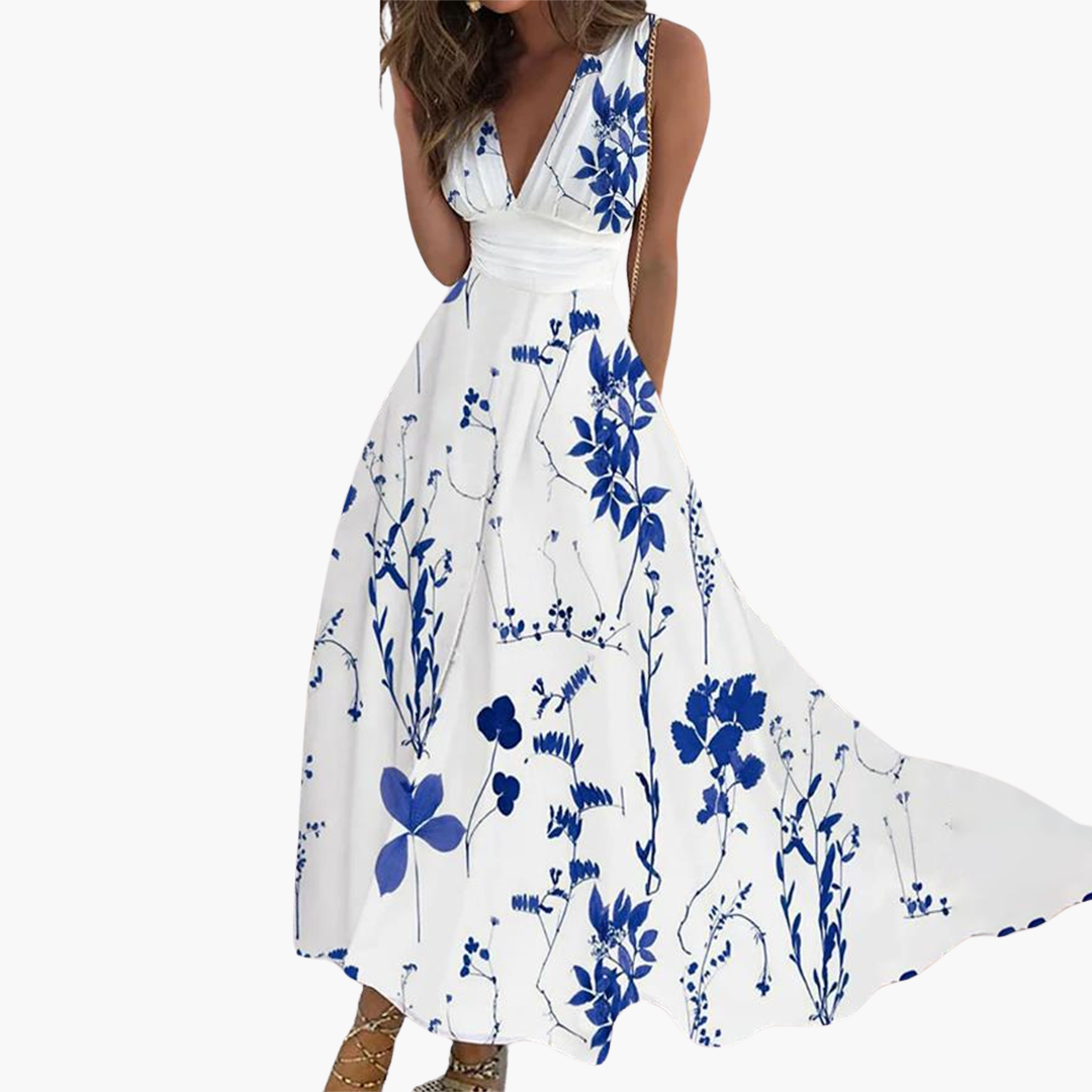 Women’s Floral Maxi Dress with V-Neck and Adjustable Waist