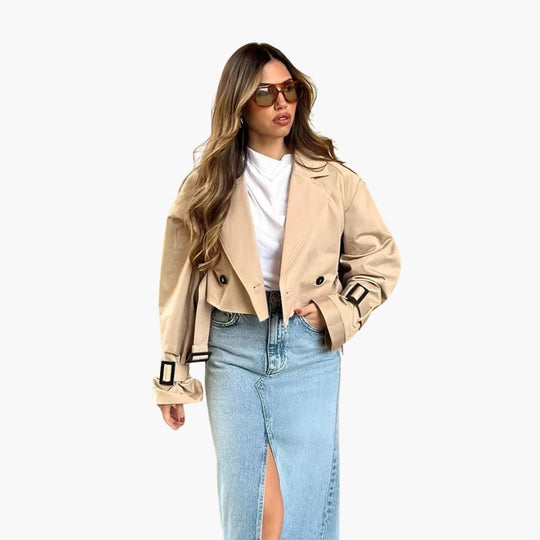 Women’s Cropped Trench Coat with Front Buttons and Waist Tie