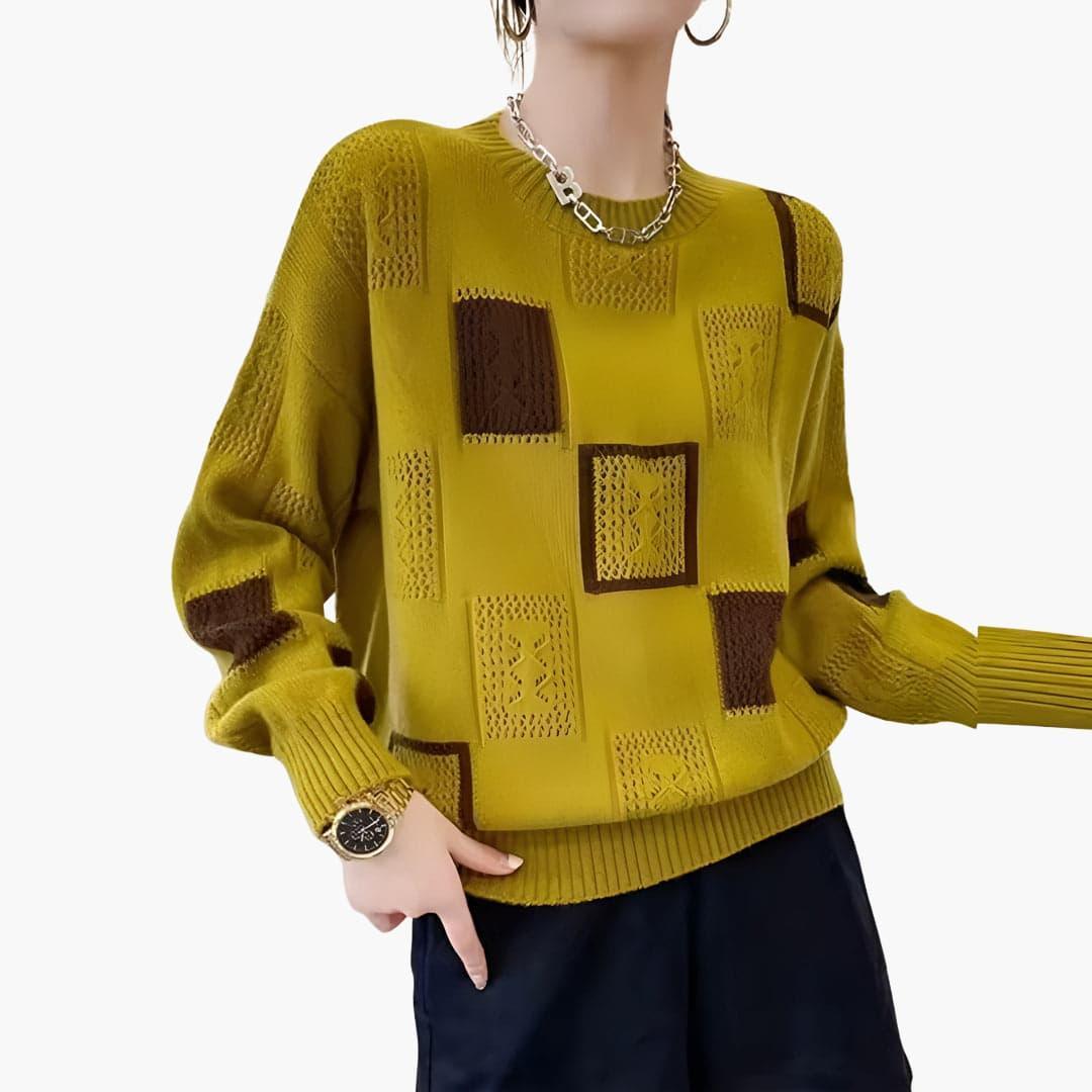 Women’s Patchwork Knit Jumper with Long Sleeves and Pullover Style
