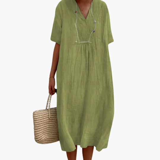 Women's Midi Dress with V-Neck and Short Sleeves