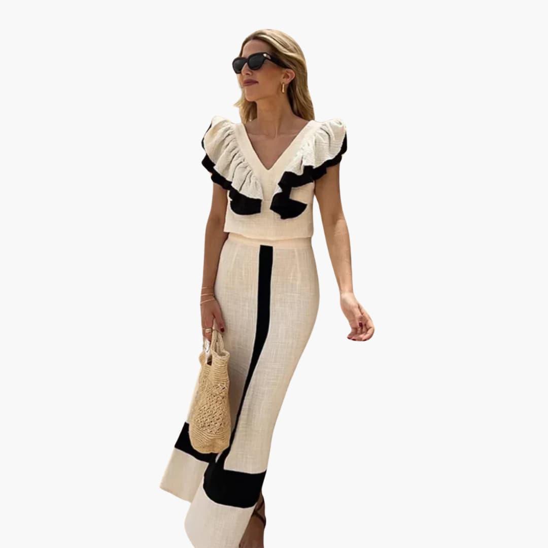 Women's Co-Ord Skirt Set with Ruffled Top and High-Waisted Skirt