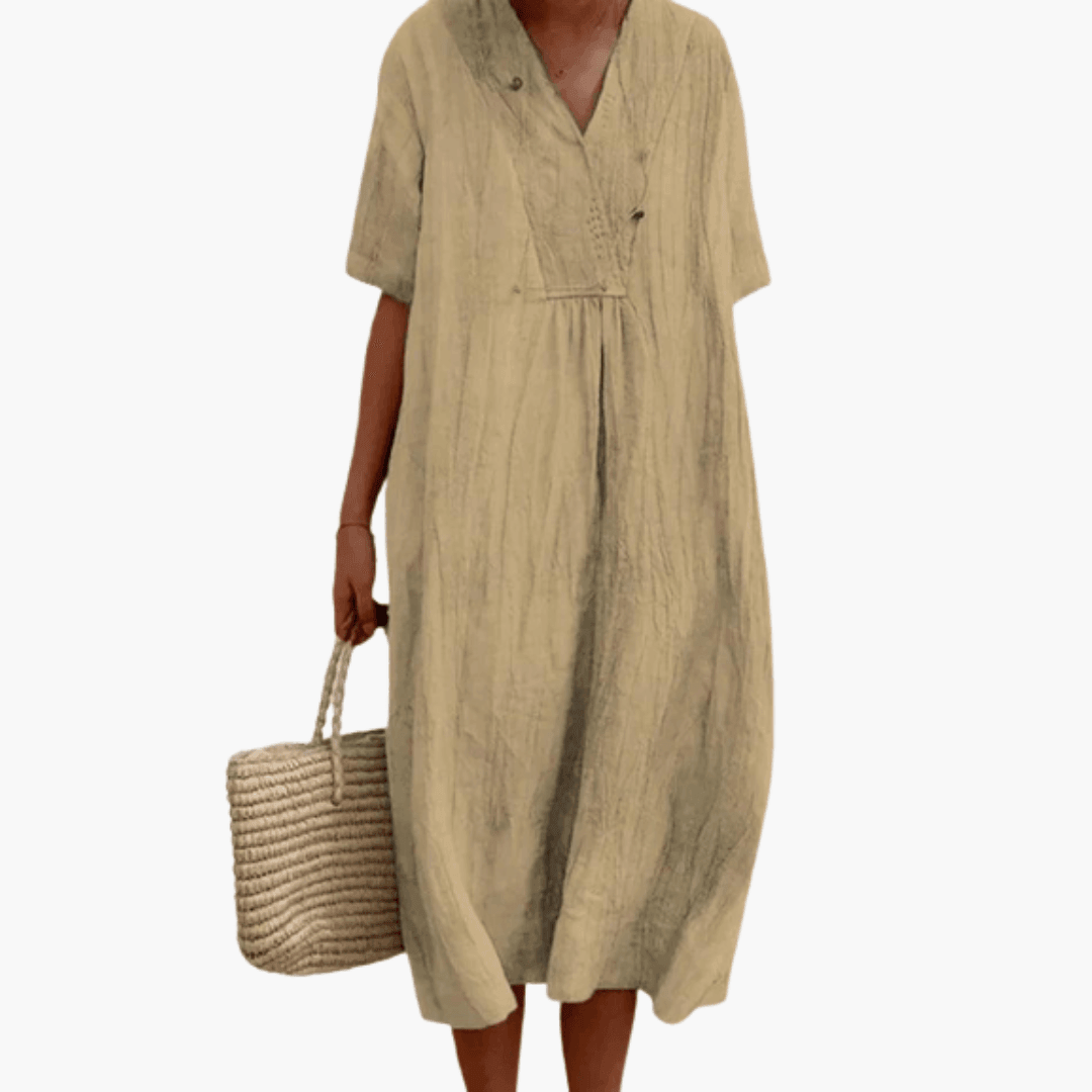 Women's Midi Dress with Short Sleeves and V-Neck