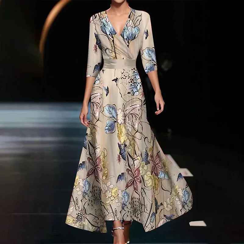 Women's Floral Maxi Dress with V-Neckline and Flowing Fit