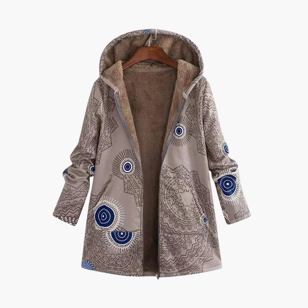 Women’s Hooded Parka Jacket with Sherpa Lining and Geometric Pattern