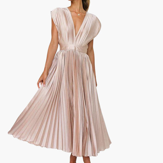 Women’s Midi Dress with V-Neck and Pleated Skirt