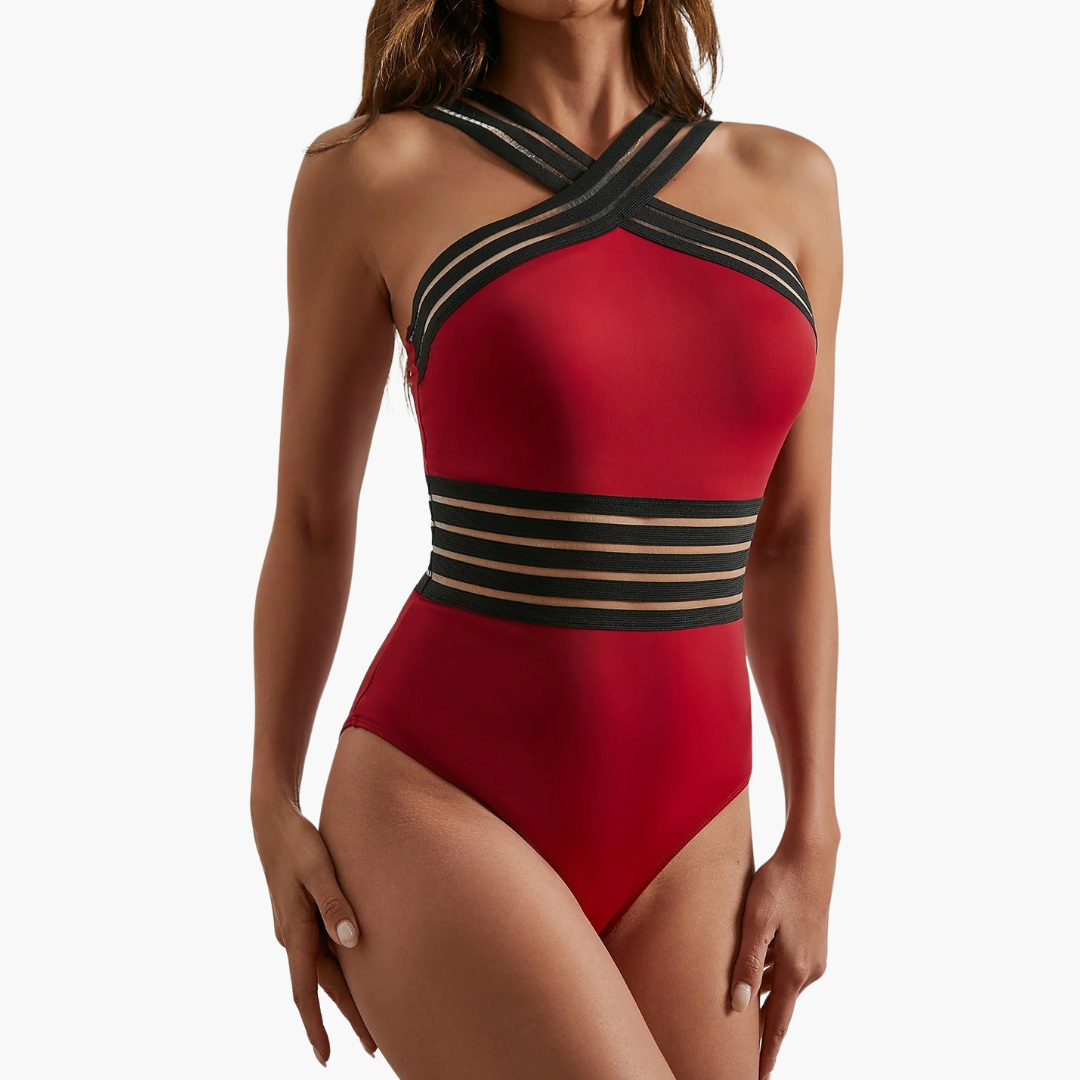 Women’s One-Piece Swimsuit with Crisscross Design and Mesh Panels