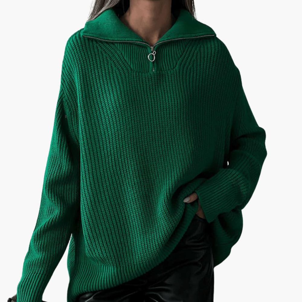 Women's Knit Jumper with Half-Zip Collar and Ribbed Texture