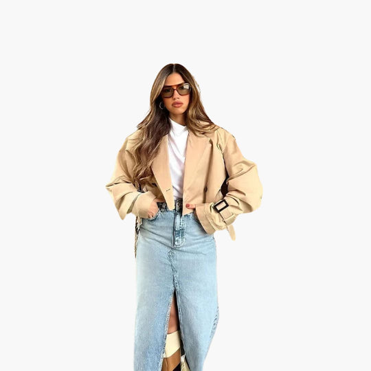 Women’s Cropped Trench Coat with Front Buttons and Waist Tie