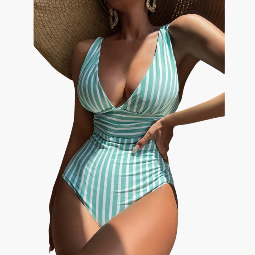 Women’s One - Piece Swimsuit with Striped Pattern and Integrated Shaping Panel