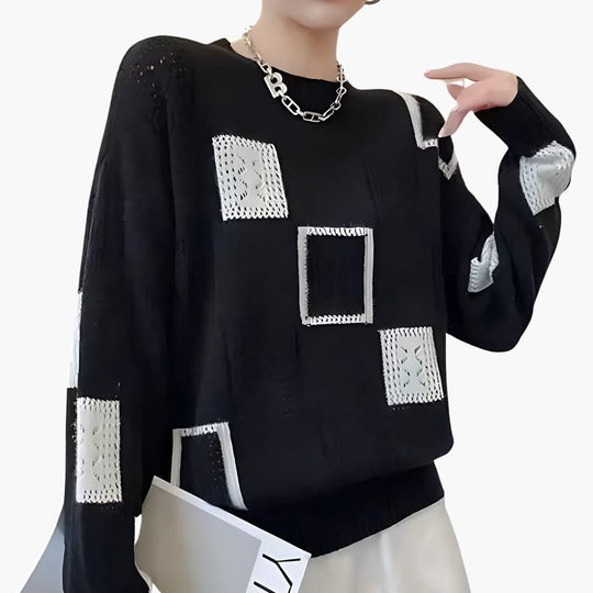 Women’s Patchwork Knit Jumper with Long Sleeves and Pullover Style