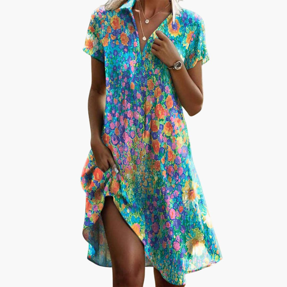 Women's Boho Midi Dress with Pockets and Short Sleeves