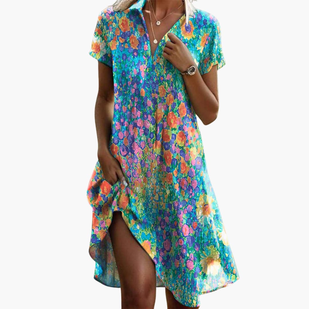 Women's Boho Midi Dress with Pockets and Short Sleeves