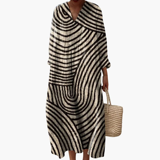 Women’s V-Neck Midi Dress with Short Sleeves and Graphic Line Pattern
