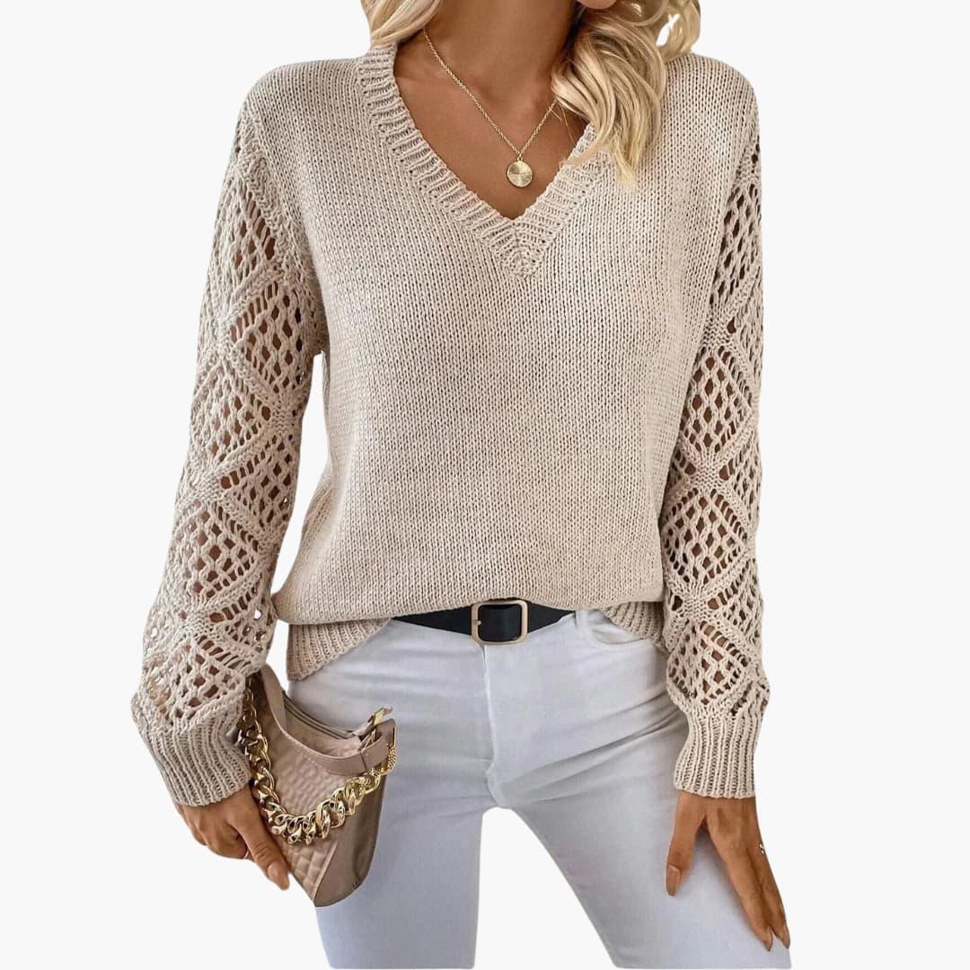 Jade | Stylish V-Neck Sweater With Handmade Details - Made by Jessica