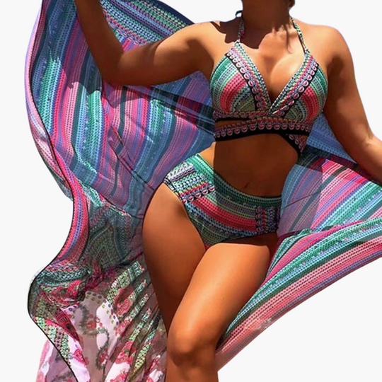 Women’s Bikini Set with High - Waisted Bottoms and Cover-Up