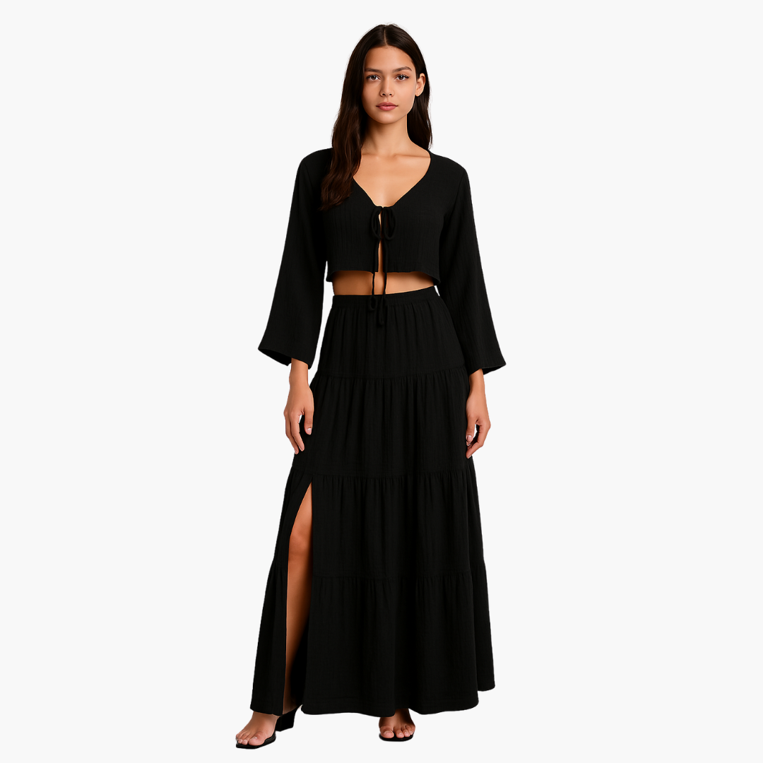Women’s Two-Piece Set with Tie-Front Top and High-Slit Skirt