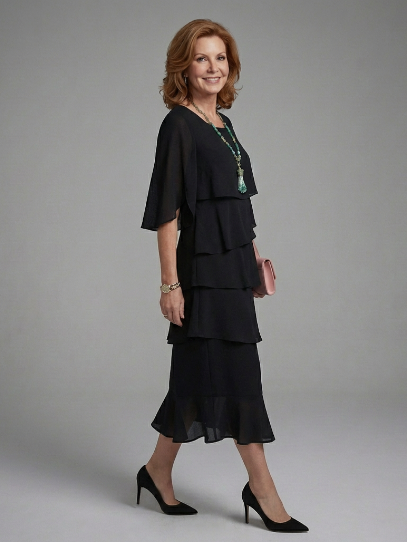 Maelis | Layered Cape Sleeve Midi Dress