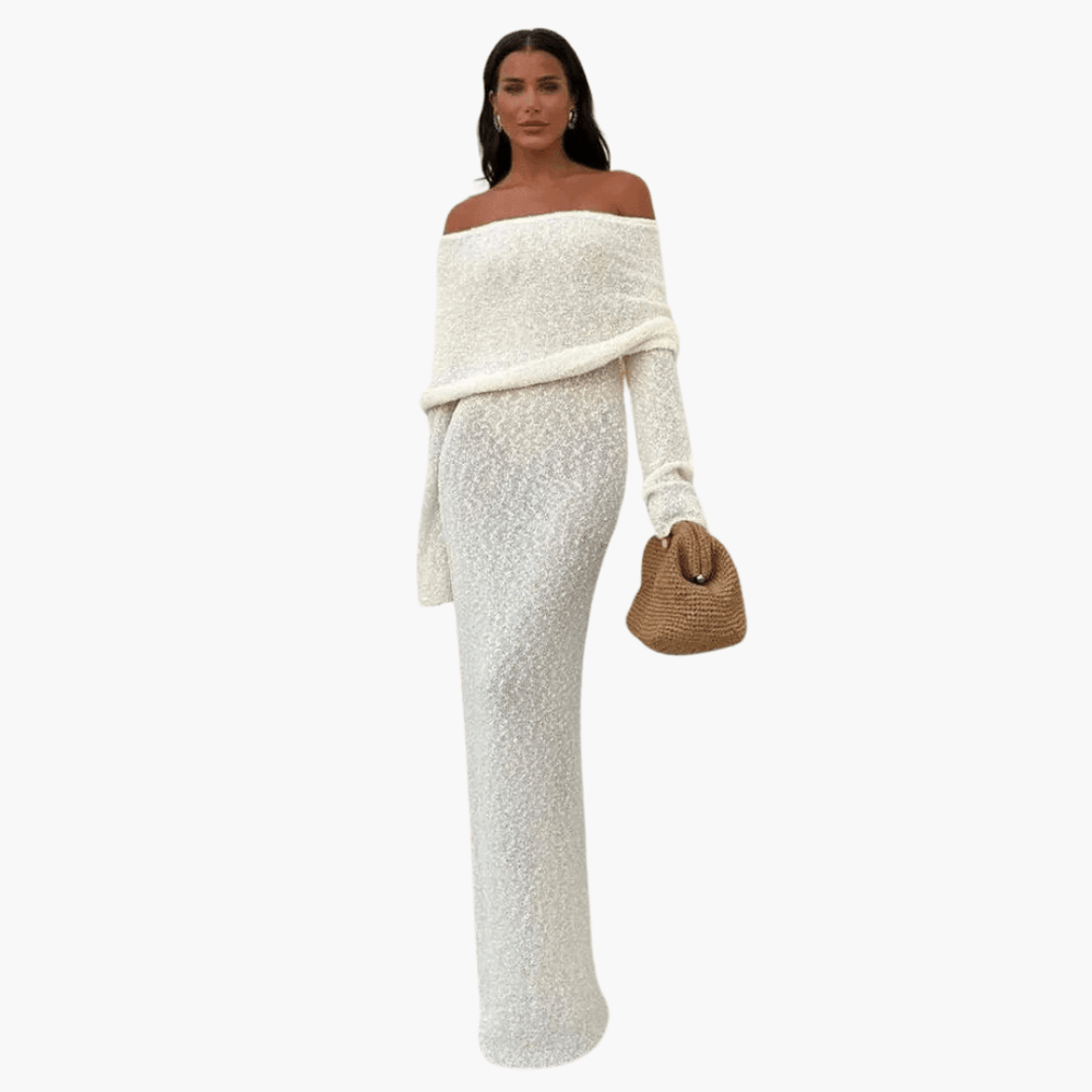 Women's Off-Shoulder White Maxi Dress with Long Sleeves