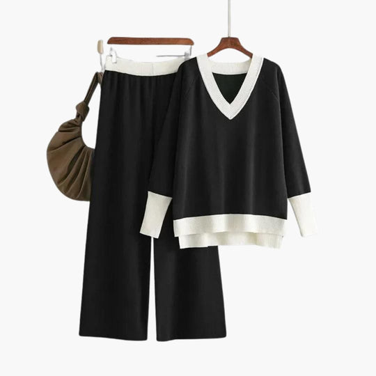 Women's Sweater Set with V-Neck Design and Wide-Leg Trousers