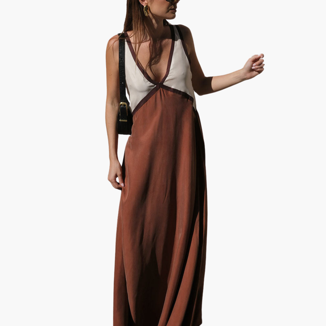 Women’s Maxi Dress with V-Neck and Colour-Block Design