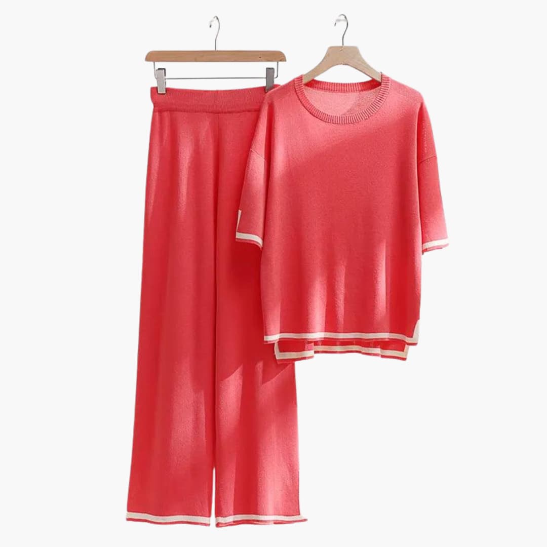 Women's Two-Piece Knit Set with Short-Sleeve Top and Wide-Leg Trousers