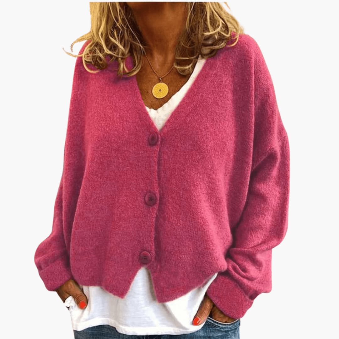 Women's Knitted Button Cardigan with V-Neckline and Long Sleeves