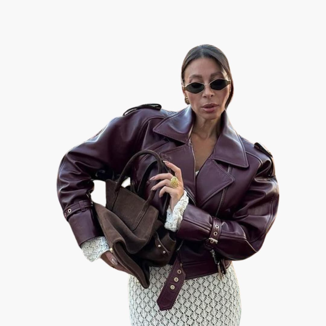 Women’s Cropped Biker Jacket with Front Buttons and Collar