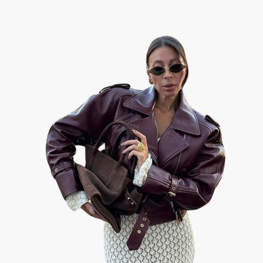 Women’s Cropped Biker Jacket with Front Buttons and Collar