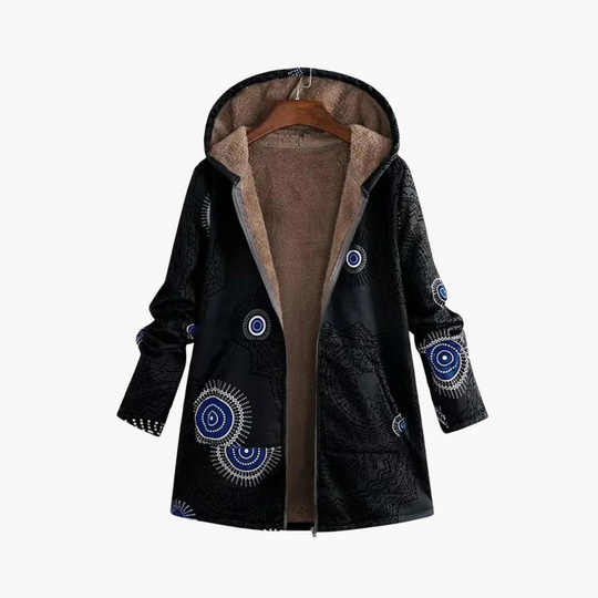 Women’s Hooded Parka Jacket with Sherpa Lining and Geometric Pattern
