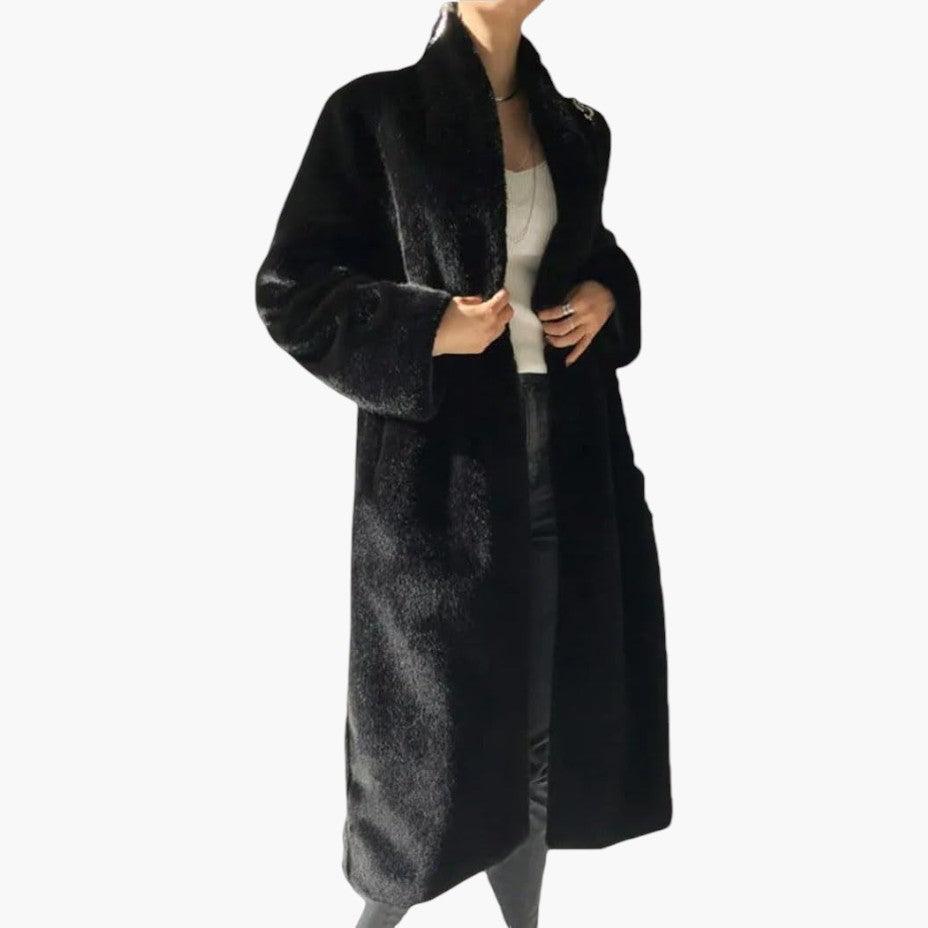 Women’s Full-Length Coat with Concealed Buttons and Faux Fur