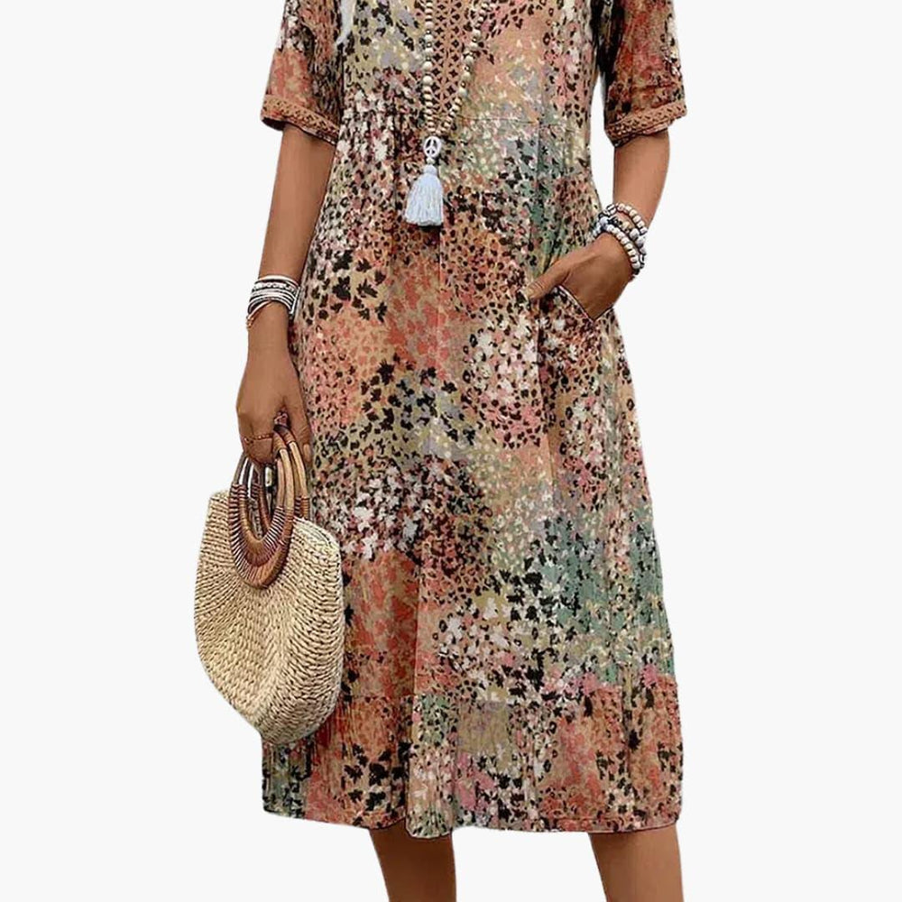 Women's Midi Dress with Short Sleeves and V-Neck in Floral Pattern