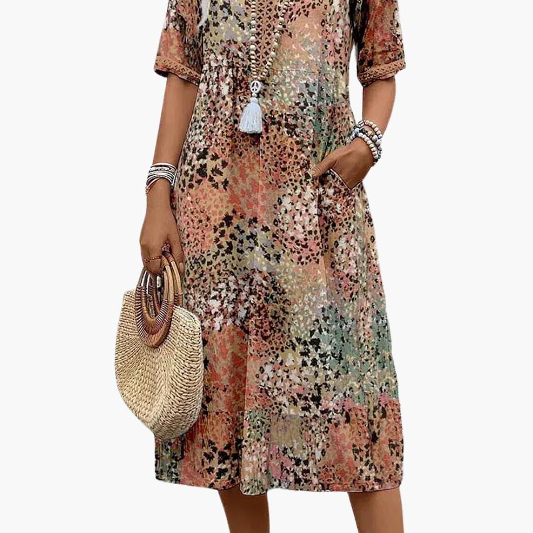Women's Midi Dress with Short Sleeves and V-Neck in Floral Pattern