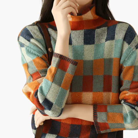 Women's Patchwork Turtleneck Jumper with Long Sleeves and Ribbed Cuffs