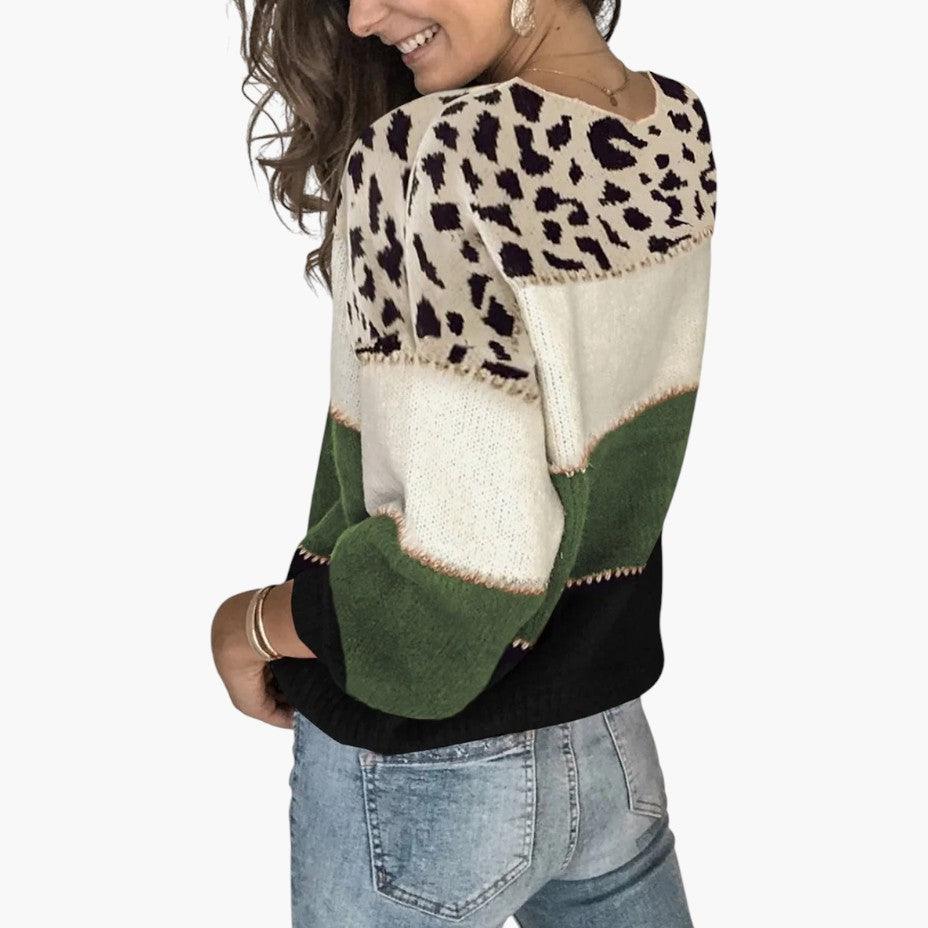 Women's Leopard-Print Jumper with Crew Neck and Long Sleeves