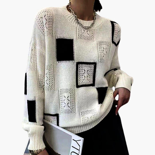 Women’s Patchwork Knit Jumper with Long Sleeves and Pullover Style