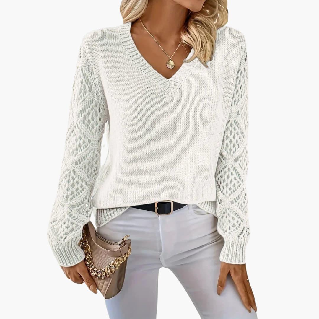 Jade | Stylish V-Neck Sweater With Handmade Details - Made by Jessica