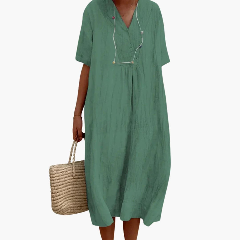 Women's Midi Dress with V-Neck and Short Sleeves